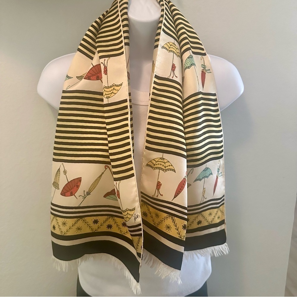 Vintage BELL 100% Silk Twill Hand Painted Whimsical Fringed Scarf Made‎ in Italy